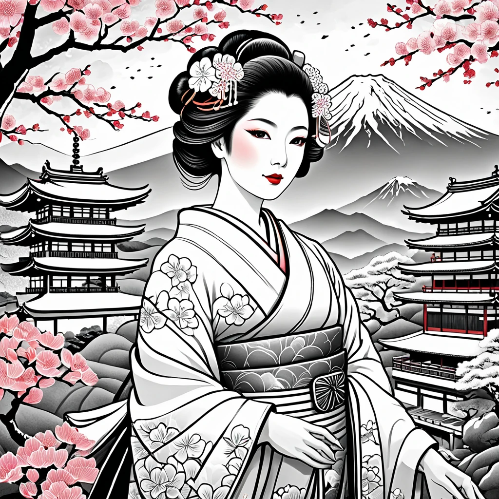 Adult coloring book, Japanese woman kimono geisha maiko in the sakura tree and mt fuji background((masterpiece, best quality, 4K)) Very clean line art, all without background, images created at 350 dpi dots per inch. Temple, 