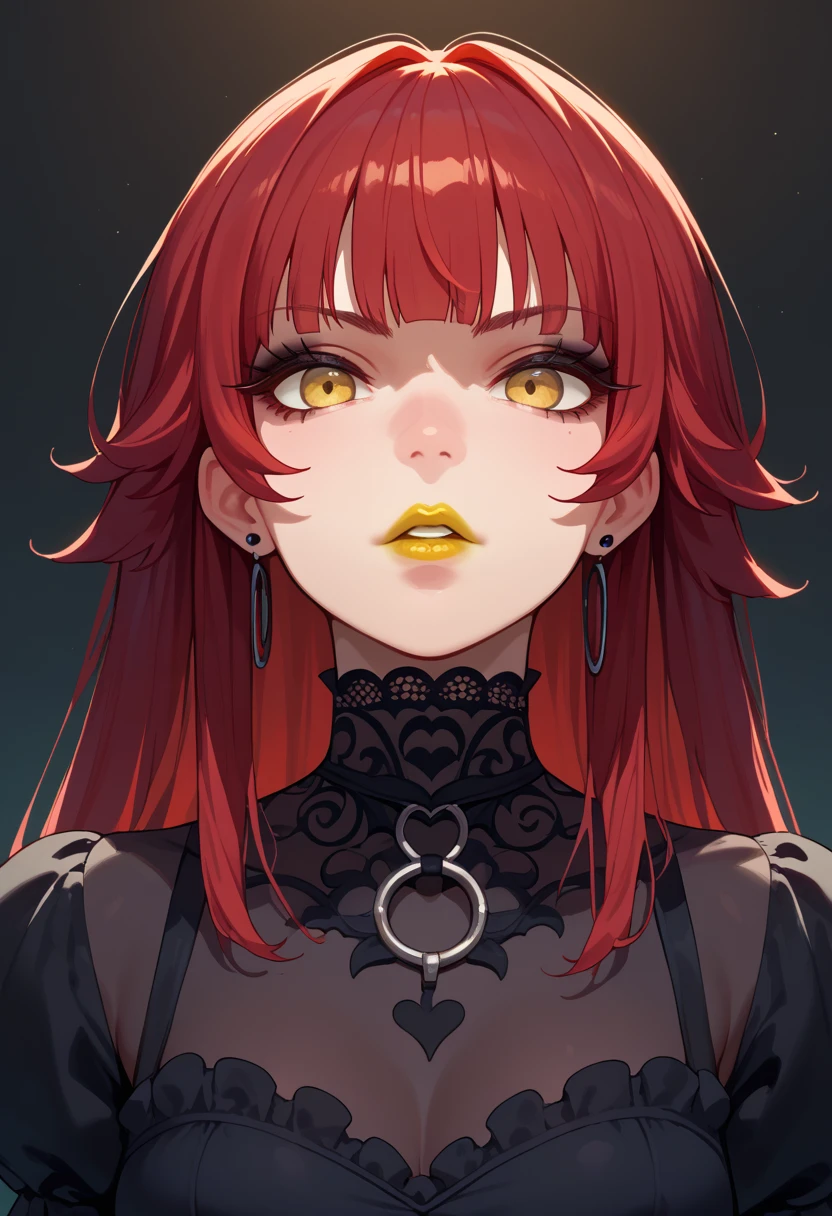 gothic, big six, red hair, yellow lipstick, focus on the face, yellow eyes