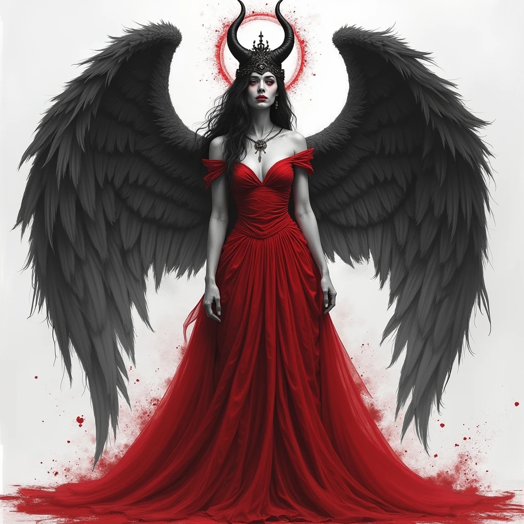 epic good looking succubus wearing a (white lace: 1.5) dress (intense details, Masterpiece, best details: 1.6),, offering a gold and red diamond ring in hand (intense details, Masterpiece, best details: 1.6), full body (intense details, Masterpiece, best details: 1.6), ultra detailed face (intense details, Masterpiece, best details: 1.5),standing in the door entrance, holding a red and gold ring (intense details, Masterpiece, best details: 1.6), black hair, long hair, red eyes, glowing eyes, small horns, red high heels, dim light, high details, best quality, 8k, [ultra detailed], masterpiece, best quality, (extremely detailed), ultra wide shot, photorealistic, gothic art, sense of darkness, sense of seduction, fiery magic symbols (intense details, Masterpiece, best details: 1.6),in the background, lace drawing, Dark Art Painting Style, dark, black and color