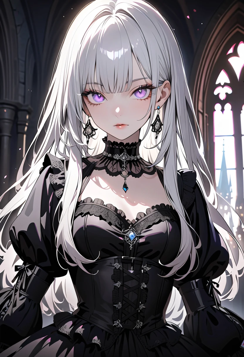 1 girl, ((Portrait of a beautiful girl in Lolita fashion: 1.4)), attractive face, elegant, gorgeous, (black gothic lolita dresses, choker, earrings, rings, jewelry), luxurious, detailed beautiful face, (shiny silver hair, long hair), glowing eyes, light reflecting in the eyes. (finely detailed beautiful eyes: 1.2), double eyelids, (eyelash: 1.2), (eye shadow: 1.2), at a medieval european castle, (cowboy shot, from front, looking at viewer:1.3, face focus), deep depth of field, stunning, fascinating, enchanting, cinematic lighting, cinematic composition, anime style, vibrant colors, thin lines, dreamlike, 
absurdres, highres, masterpiece, best quality, newest, very aesthetic, ultra quality, high detailed, anatomically correct, perfect hands, ((anime art style)),