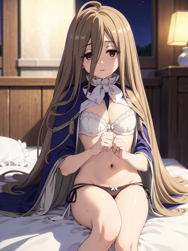 (masutepiece, Best Quality, hight resolution, nffsw, Perfect Pixel, depth of fields, 4K), Beautiful anime girl, Perfect body, sense, long hair, brown hair, hair between eyes, (brown eyes:1.5), very long hair, ahoge, blue capelet, frills, wide sleeves,,, anime coloring, bare shoulders, blush , cleavage, navel,, sweat,, (bra:1.4) (panties:1.4),  , (lying on back:1.4),, , indoor , bed room, on bed, , , , night, ,
