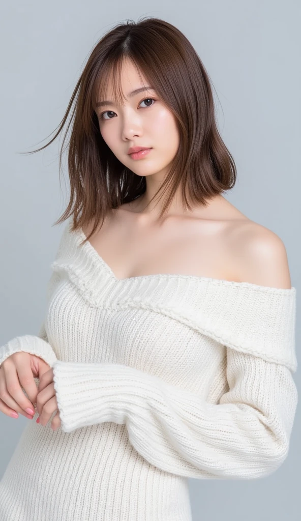   top quality,  very detailed, (Watercolor), bloom,  delicate and beautiful, shape, (from below),( 1 girl:1.4), (Alone:1.2), Big Breasts, ( Rib Knit Sweater:1.3),  off-shoulder sweater, (Shorts:1.2), Bare shoulders, ( Underbob ), (( white skin:1.2)),   beautiful eyes , ( messy hair ),  photoshoot,  Over-the-Shoulder Shot, ,  professional , Canon Camera, Nikon Camera,  sharp, Bokeh,  Studio Quality ,  fisheye lens, Miss Robert Capa  ,