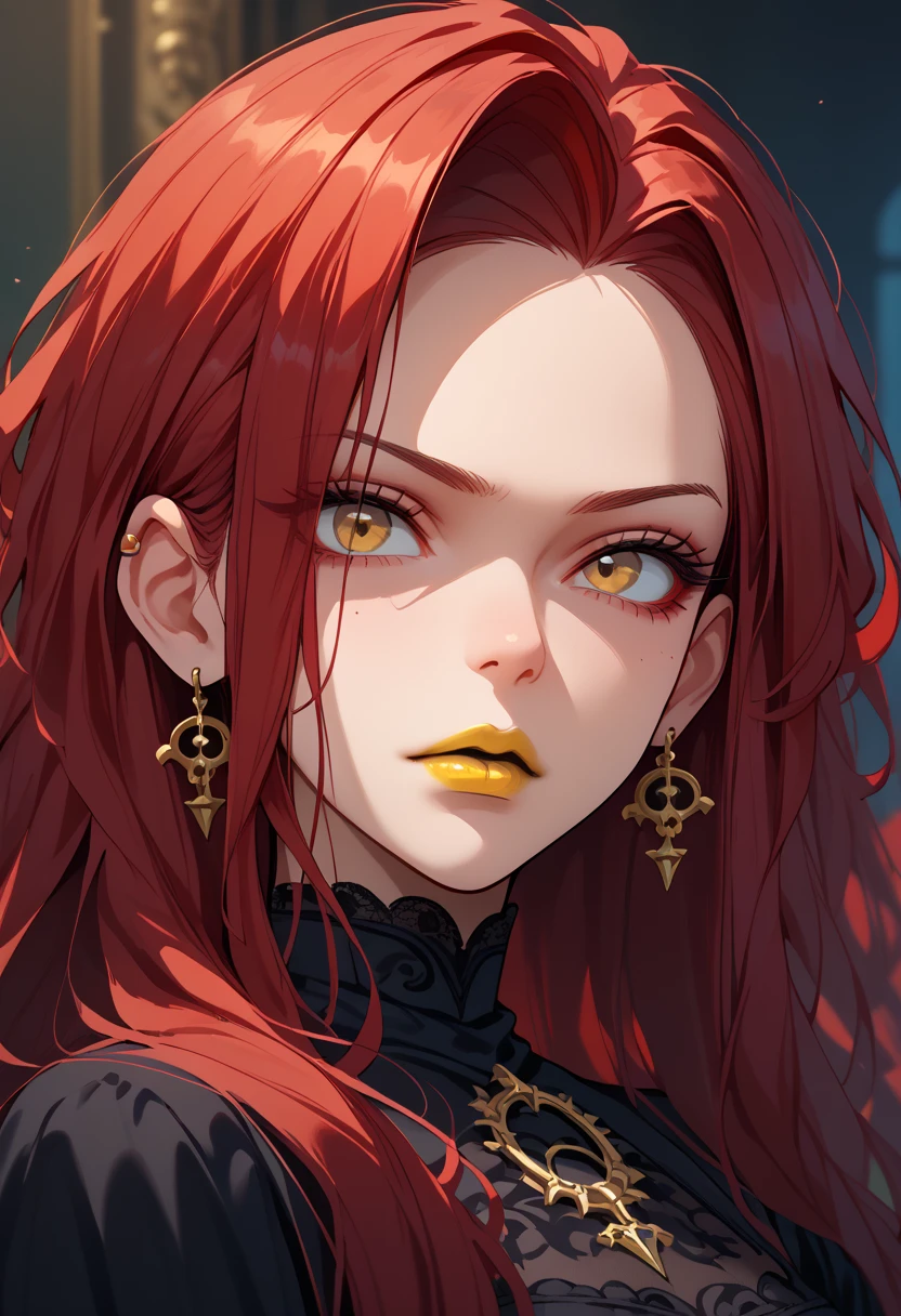 gothic, big six, red hair, yellow lipstick, focus on the face, yellow eyes