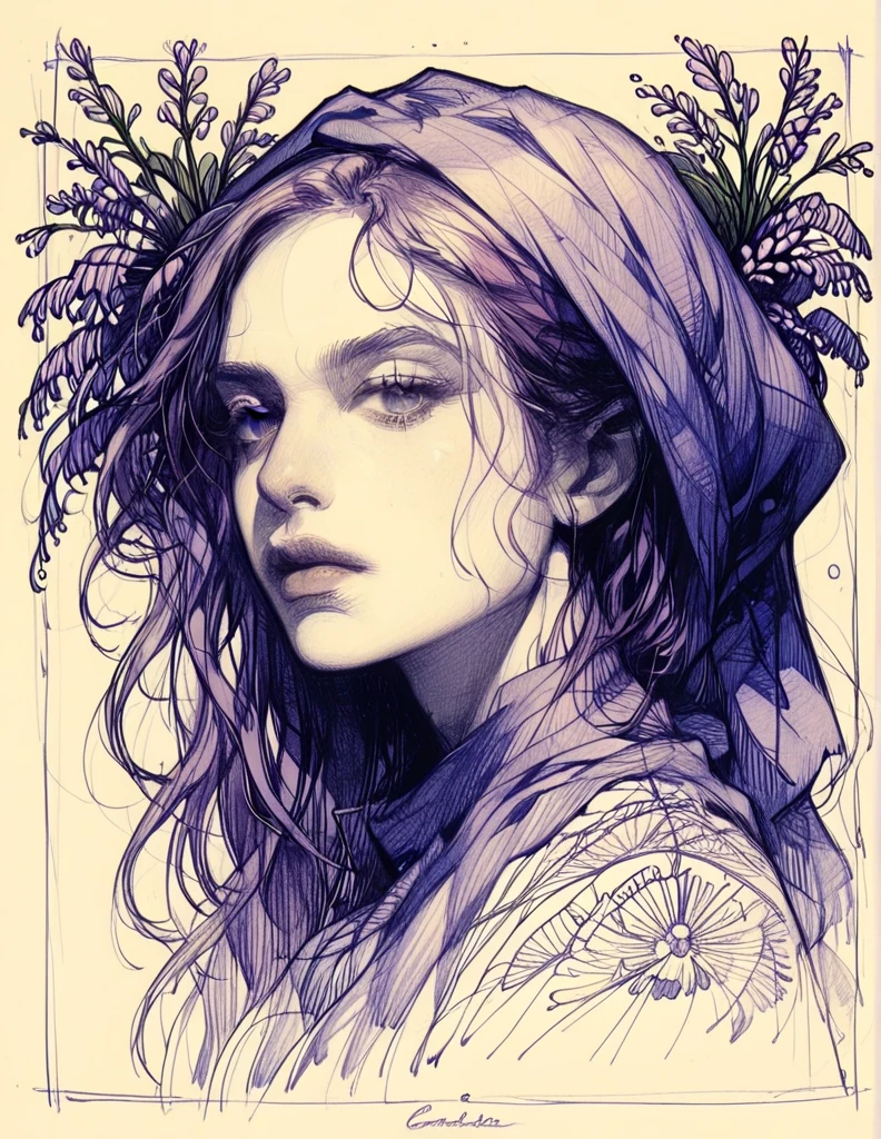 Mystical violet ink sketch of a ethereal woman with cascading hair, wrapped in a veil of wisteria and delicate vines, (Florence Welch:1.2), meticulously detailed line art. The style of Art Nouveau and dreamlike illustrations, featuring flowing curves and enchanting floral elements, Wisteria Siren, Enigmatic figure, Poetic portrait, As the Visionary of Dreams, Aubrey Beardsley, intricate designs, soft violet tones, whimsical atmosphere, otherworldly charm, Artistic Vision Award Winner.