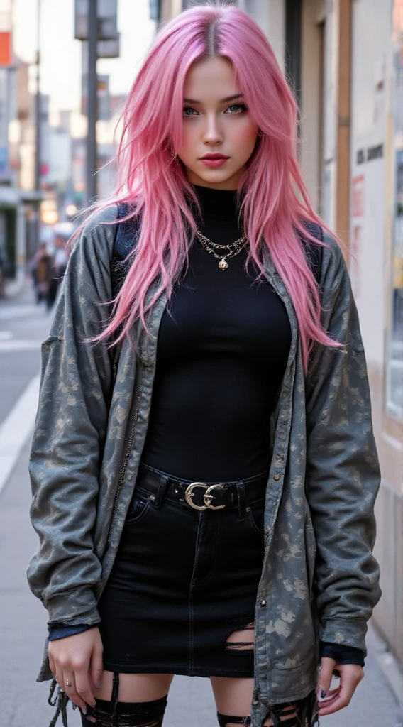 anime girl with pink hair with a backpack, she is wearing streetwear, with pink hair, portrait of jossi of blackpink, ulzzang, ((pink)), jossi of blackpink, lalisa manoban of blackpink, wearing cyberpunk streetwear, japanese streetwear, with long hair, anime girl in real life, casual pose, pink girl