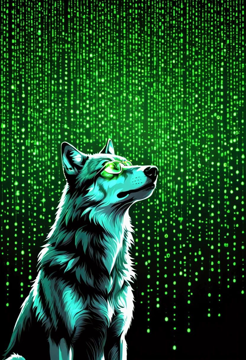 A vibrant digital artwork of a wolf mankind gazing upwards with curiosity, surrounded by a cascade of glowing green digital code. The wolf is standing and has medium-length dark hair and wears round glasses, emphasizing her intellectual and inquisitive appearance. he is dressed in dark, simple clothing, allowing the luminous green binary streams to dominate the scene. The digital code is represented as a dynamic waterfall of numbers and symbols, evoking a futuristic and technological theme. The background is a deep gradient transitioning from dark green to black, creating a striking contrast with the glowing green code. The composition exudes a sense of wonder and immersion in a digital realm