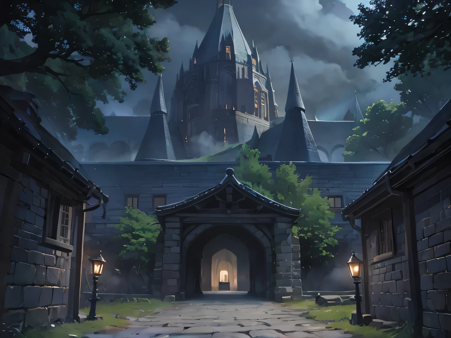 fantasy, big dark stone bridge, medieval frontgate, big dark city walls, elden ring, dark ambience with onix rocks