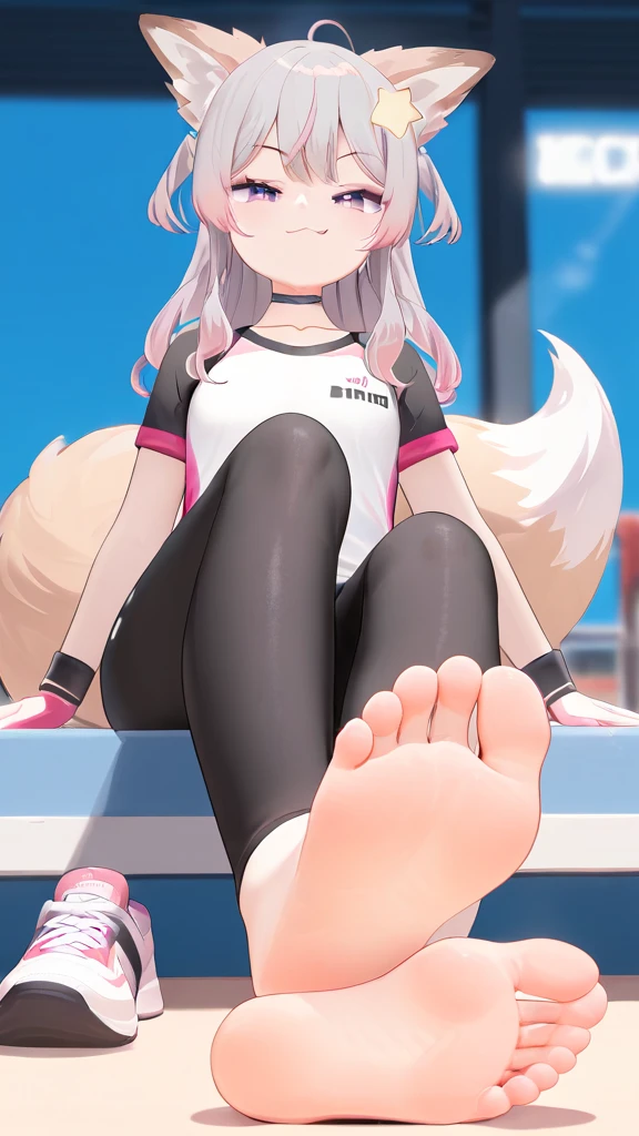 score_9,score_8_up,score_7_up,score_6_up,score_5_up, Sport outfit, after sport,  Solitary, completely smooth soles, Foot Focus, hypno feet, hypnotic feet, the girl tries to tease viewer with soles of feet against his will, 3D Rendered Anime style, the girl shows soles of feet, foot focus, sole, shoe taken off, dynamic, acting casual but smug, smug teasing dynamic pose, smug face, very smug, young soles, five toes, sport shoe taken off,  1girl, solo, feet in my face, dominating, the girl could ruin my life by controling me with her feet, cute girl, smooth soles, no wrinkles, swimming hall in background, sporty, casual situation, cheesy soles, hypnotic soles, smug face, manipulative girl, black long leggings, soles close-up, detailed skin, the girl is sitting on a wall, pale soles, the girl is anny, annytfvt, 1girl, fox tail