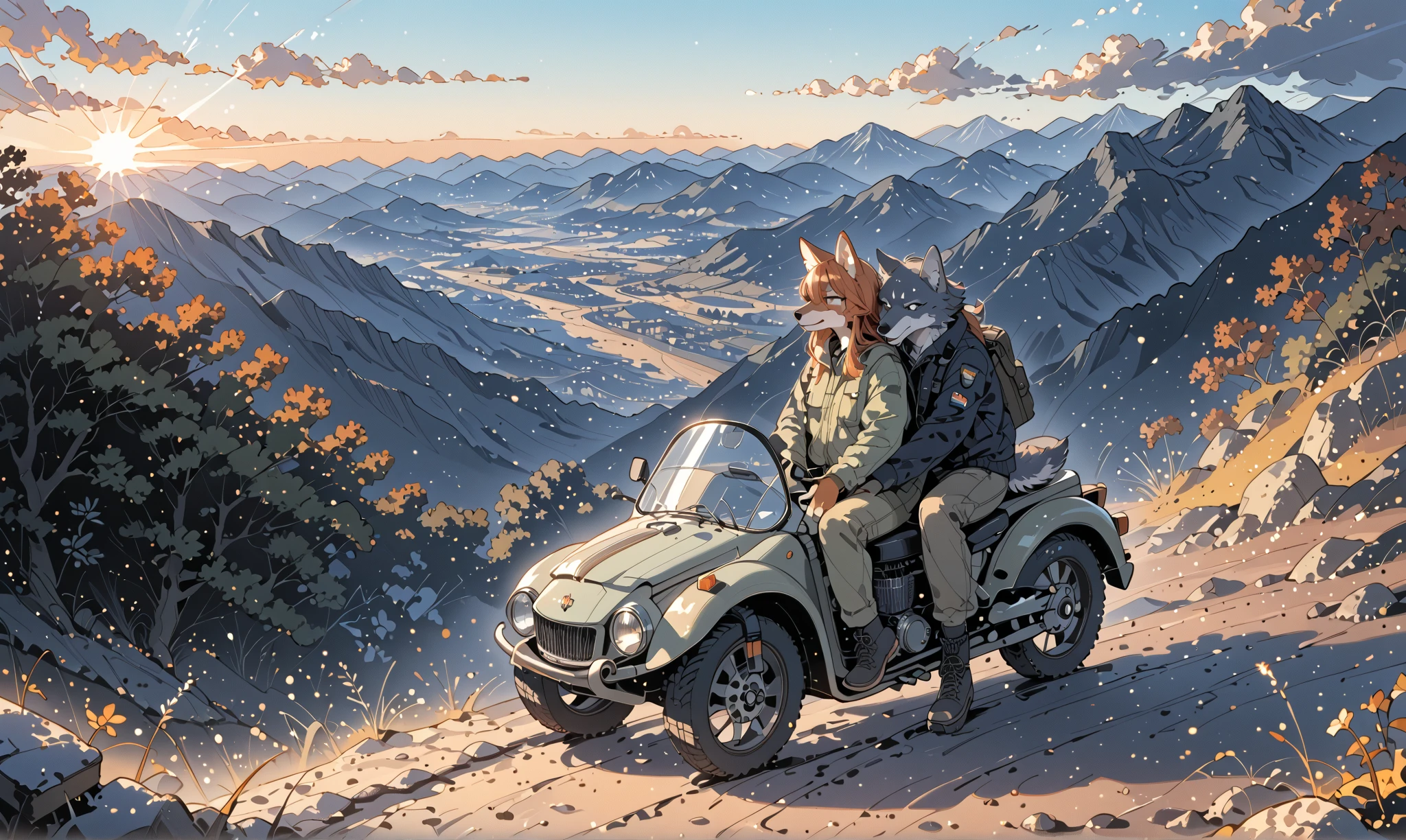 (couple of wolves),1boy\((wolf:1.4),(kemono),(furry),(old:1.3),(driving army combat bike)\),1girl\((wolf:1.4),(kemono),(furry),breast,holding gun at sidecar\),.dynamic angle,dynamic blur,great action,full body. score_9, score_8_up, score_7_up, score_6_up, score_5_up, score_4_up, source_anime,source_furry,rating_safe,rating_questionable,masterpiece, best quality, perfect anatomy , very aesthetic , absurdres,landscape