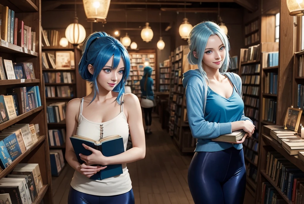 Woman, medium breasts, big-ass, blue hair tied expression "shame, naughty Position "sitting at the table, lifting her skirt and showing her panties
