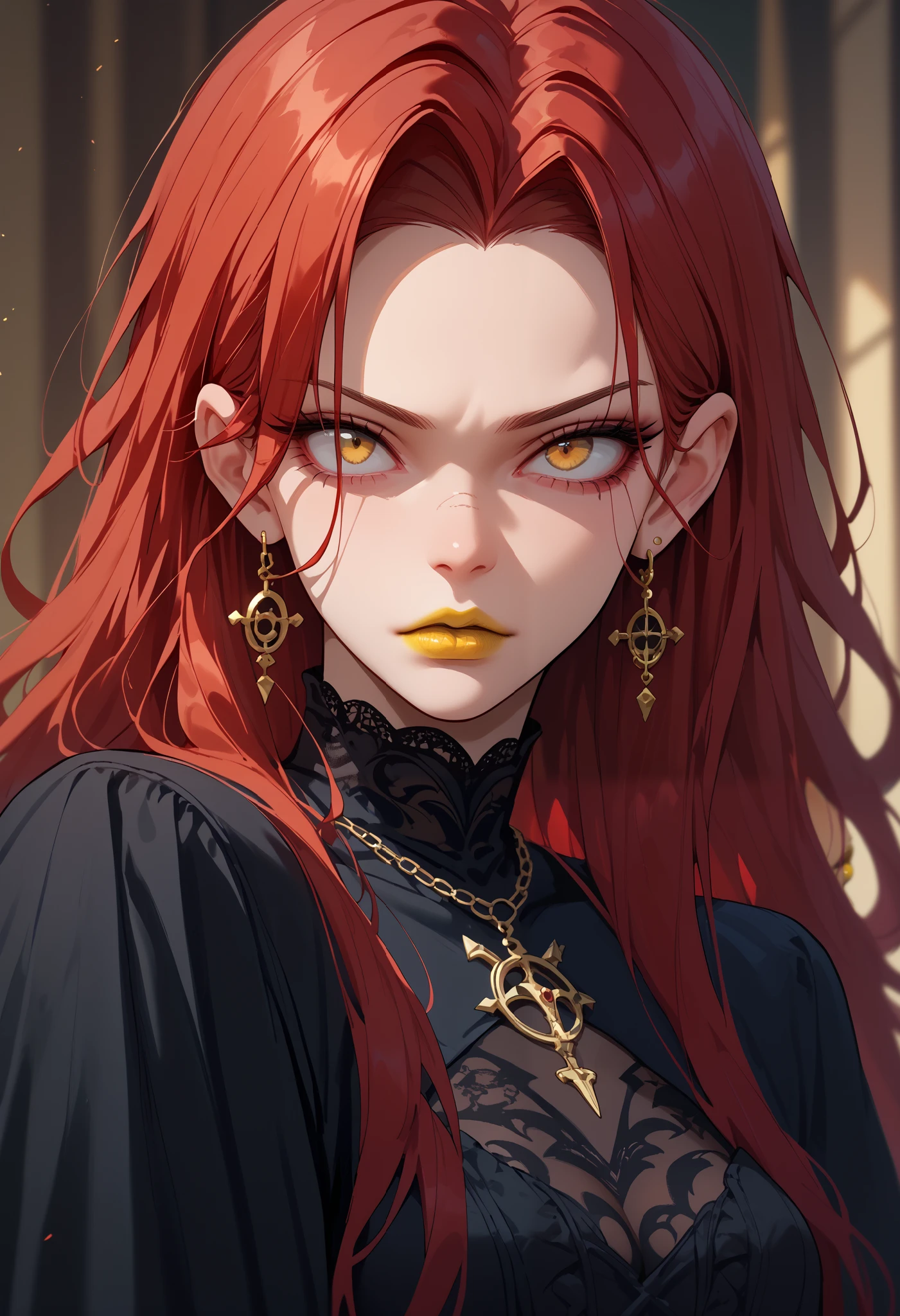 gothic, big six, red hair, yellow lipstick, focus on the face, yellow eyes