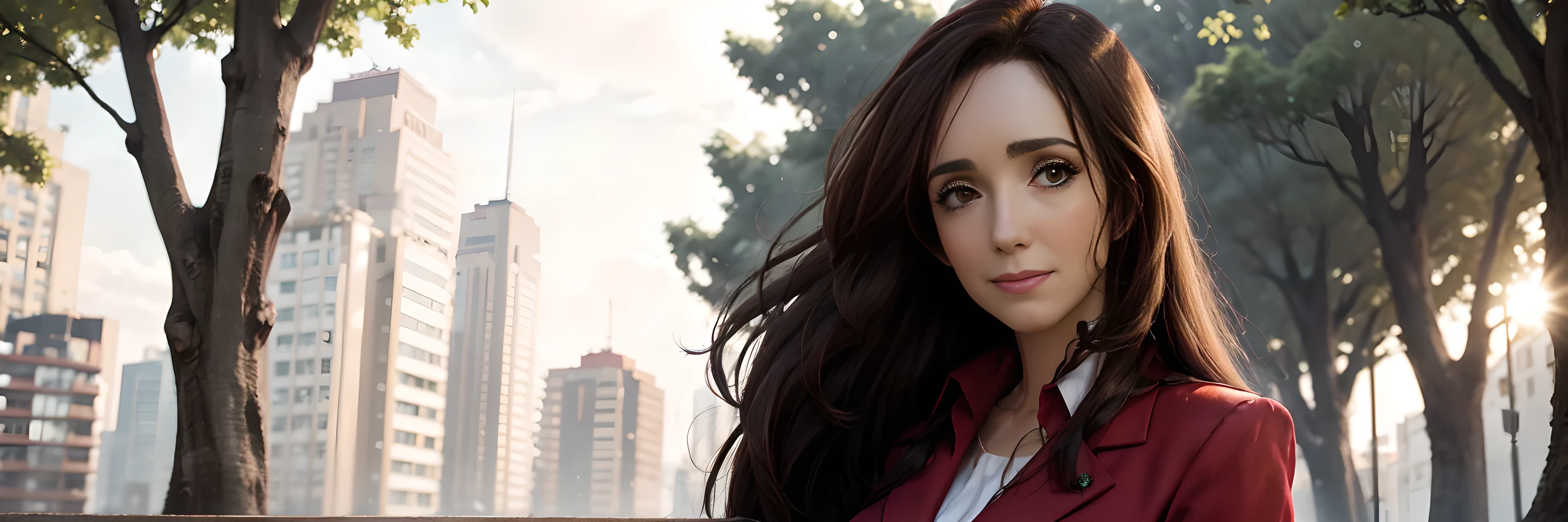 8K,  Best Quality ,  Victoria Villarruel dressed in a scarlet red suit as a lawyer,  Detailed face, smooth face,  long dark brown hair, slender with wide hips ,  warm smiling expression . outdoors, plaza with few green trees in the city of Buenos Aires ,  clouds in the sky in the background, Rays of sunlight, bright composition 