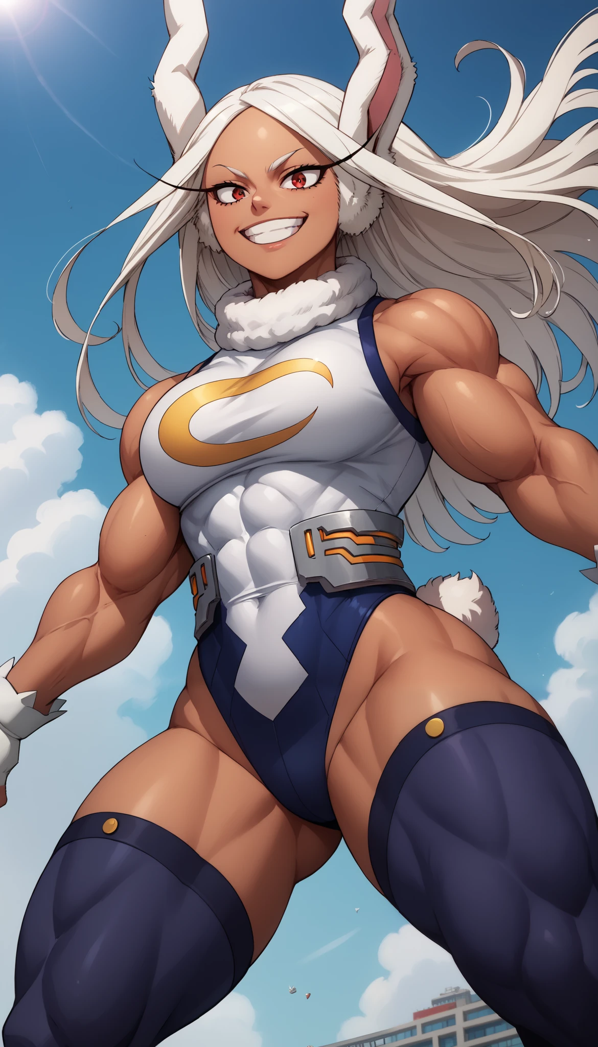 Score_9, score_8_up, score_7_up, source_anime, from below, solo, 1girl, rumi usagiyama, long hair, animal ears, white hair, dark skin, rabbit ears, dark-skinned female, muscular, rabbit girl, muscular female, red eyes, parted bangs,thighhighs, gloves, sleeveless, white gloves, leotard, turtleneck, highleg, highleg leotard, fur collar, sleeveless turtleneck, turtleneck leotard, sleeveless turtleneck leotard, crescent print,smirk 