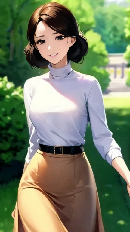 (masterpiece,  top quality), 8k wallpaper,  very detailed,  one woman、( bust up shot :1.4)、 small breasts、 elegant hairstyle 、Brown Hair、Tight long skirt with a belt on the sweater、A walk in the park、smile、