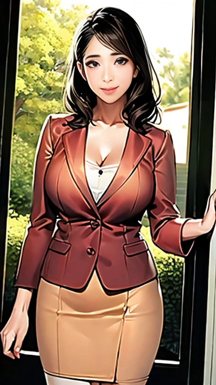 (masterpiece,  top quality), 8k wallpaper,  very detailed,  one woman、housewife、Mother、40 years old、 realistic facial wrinkles:1.3、 slender figure 、 Cowboy Shots、 elegant medium hair、Brown Hair、((( wearing a light cherry colored suit、 pencil skirt)))、 under a cherry tree 、入学式に来たMotherの写真、smile、((Very wide pelvis))、 viewers who stop at the edge:1.8、Beautiful clavicle、 cleavage、