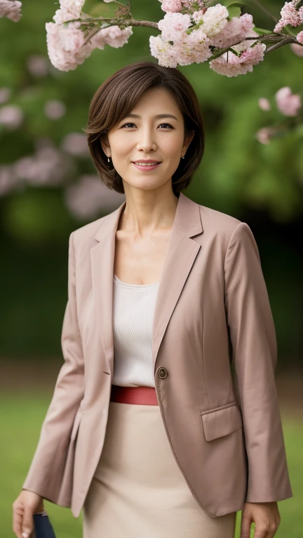 (masterpiece,  top quality), 8k wallpaper,  very detailed,  one woman、housewife、Mother、40 years old、 realistic facial wrinkles:1.3、 slender figure 、 Cowboy Shots、 elegant short hair、Brown Hair、((( wearing a light cherry colored suit、 pencil skirt)))、 under a cherry tree 、入学式に来たMotherの写真、smile、((Very wide pelvis))、 viewers who stop at the edge:1.8、Beautiful clavicle、 cleavage、