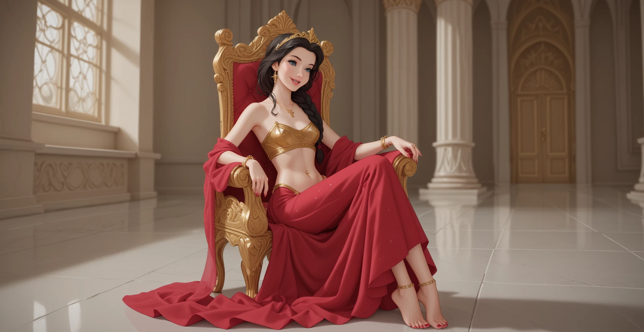 woman,  transparent red dress , wet body, braless, pantieless, visible nipples,  well lit ,  depth of field,  full body, golden crucifix collar, earring, gold rings , gold bracelet,  gold navel piercing,  golden armor , armor breastplate, golden tiara,  long straight hair ,  black hair,  braided hair , giant hair, highly detailed,  high contrast ,  best quality ,  masterpiece ,  high definition , eyeliner, red nails, pink lips,  Blue Eyes, palace, throne room,  small breasts ,  perfect face ,  perfect hands , perfect feet,  perfect eyes, perfect nose, flores, trees,  bare feet , pool, open smile
