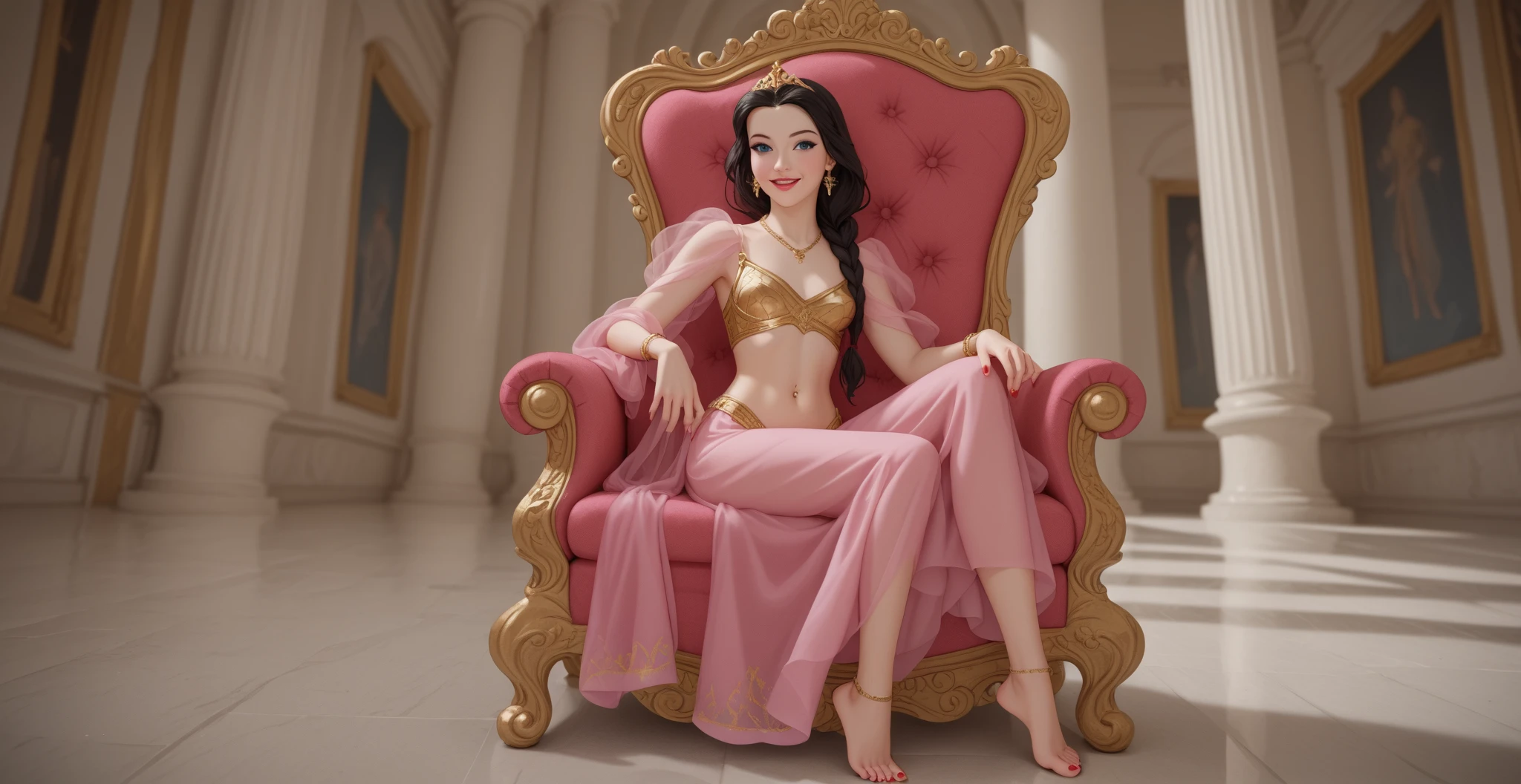 woman,  transparent pink dress , wet body, braless, pantieless, visible nipples,  well lit ,  depth of field,  full body, golden crucifix collar, earring, gold rings , gold bracelet,  gold navel piercing,  golden armor , armor breastplate, golden tiara,  long straight hair ,  black hair,  braided hair , giant hair, highly detailed,  high contrast ,  best quality ,  masterpiece ,  high definition , eyeliner, red nails, pink lips,  Blue Eyes, palace, throne room,  small breasts ,  perfect face ,  perfect hands , perfect feet,  perfect eyes, perfect nose, flores, trees,  bare feet , pool, open smile
