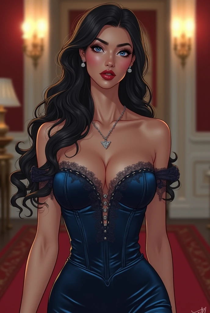 Caucasian woman, medium sized breasts, ((flowing black hairstyle)), ((violet eyes)), ((black velvet dress)), toned body, facing camera, portrait, face to breast close up, morning light, standing in a castle courtyard, wide joyous smile