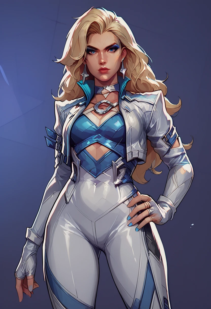 score_9, score_8_up, score_7_up, score_6_up, expressiveh, dagger_rivals, 1girl, solo, cowboy shot, blonde hair, long hair, eyeliner, blue eyes, moon mark, earrings, from front, cropped jacket, bodysuit, white bodysuit, white clothes, fingerless gloves, blue details, looking at viewer, purple background, geometric shapes 