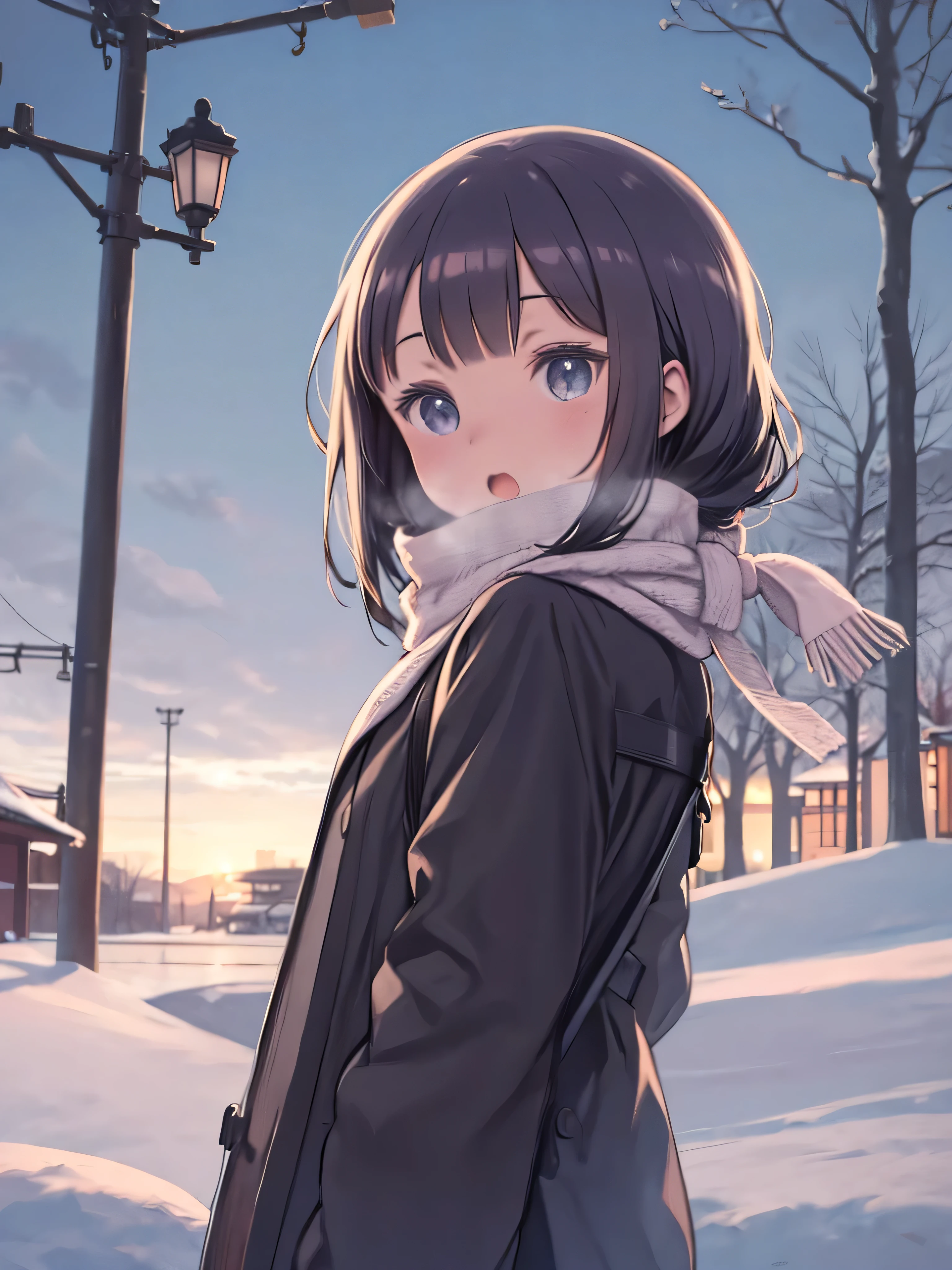  high school girl、 cute、Winter landscape、Breathing white breath 、 steam 、Japanese residential area、bus、 scarf、Wear warm clothes、 comments、looking at the viewer、 Looking Back、Open your mouth、 upper body、
