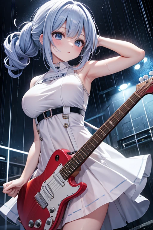 teenager, cleavageSilver hair, silver hair, neck, cleavages,mysterious, red eyes, bun, hair tied up, short hair, single earring, gloves, emotionless, shoulders showing, guitar, red top, skirt
city skyline, ultra-detailed, absurdres, unreal engine, masterpiece, best quality, beautiful eyes, volumetric lighting, silky_hair), best quality, ultra-detailed, looking at viewer, highres, 8k wallpaper, extremely detailed, smooth lighting, 8k, depth of field, masterpiece, cinematic lighting,