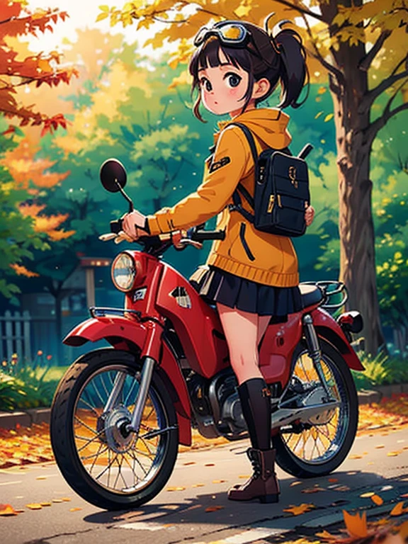 32K，UHD High Definition， octane rendering， steampunk，( Ultra-Fine: 1.2)， young girl，  Ride a Super Cub ，  knight ，cute， short， toddler figure ， thin thighs ，  A small yellow Super Cub with lots of luggage， short dress， down jacket ， semi-long twin tail ， black hair，goggles， black boots，Super Cub Details，autumn，autumnの紅葉， Medium shot from behind ,