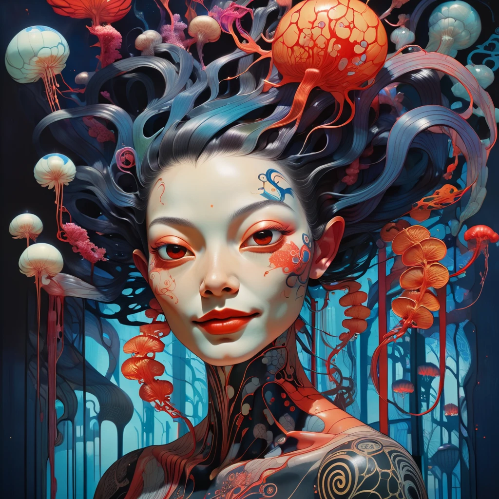 (vibrant cyberpunk-hued colors:1.4), dark and moody, (Victo Ngai inspired head and shoulders shot, ink wash, toon rendering of a beautiful Costa Rican woman smiling, colorful background with orchids and jellyfish) by Anita Bathe, Phil Lashio, Seymour Buttz, Wilma Dickfit, epic clouds, Unreal Engine, octane rendering, high quality, high resolution, high precision, realistic, color correction, good lighting settings, low noise, sharp edges, harmonious composition, award-winning work, surrealism, dark art by james jean and takato yamamoto