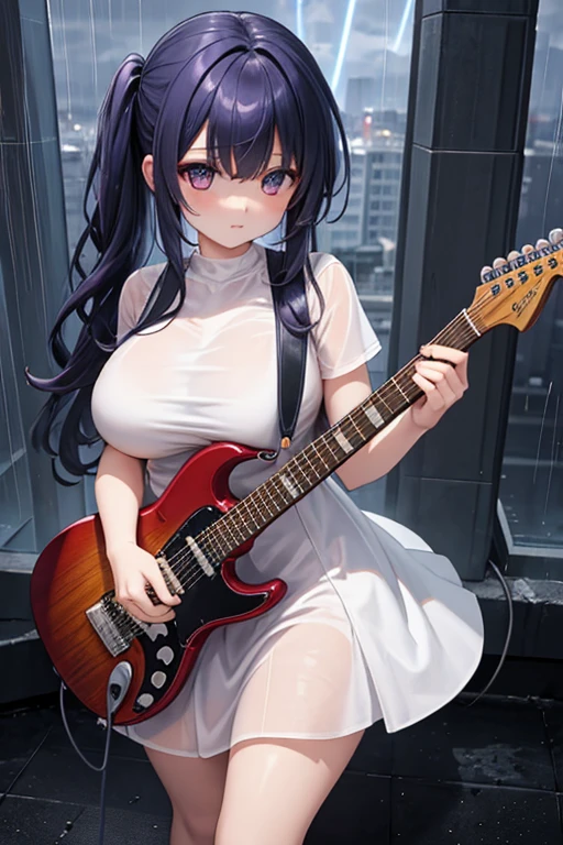 (((NSFW)))、((Masterpiece, Highest quality、Super detailed, Attention to detail))、Tabletop、girl、((high school girl、Black Hair、(Very Short Hair)、Slit eyes、Red Eyes、eight-headed body、Model-like style、Slender))、((((Completely naked))))、Silver earringultiple silver accessories、Silver Ring、Silver Ring、bandギャル、(((Red electric guitar)))、(((liveハウス、live、band、Dim lighting)))、(((Playing guitar)))、((live、Playing the guitar、On stage))、((No bra、No underwear))、(((Sweating a lot、Sweat dripping、Sweat vapor)))、(((Wet Hair)))、(((Body odor)))、((Sweaty smell))、((((Love juice overflows from the vagina))))、((Angle from below、I can see the vagina))、smile、(((Leg spread)))、(((tears、snot、Drooling)))、(((Dildo in vagina)))、(((Masturbation)))