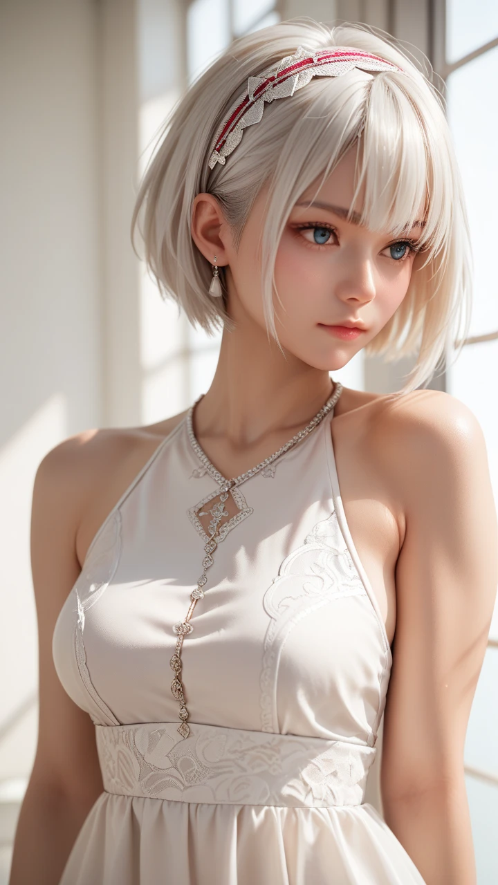 highest quality、8k Masterpiece、超A high resolution、(Photorealistic:1.3)、RAW Photos、1 girl、Silvery white hair、Glowing Skin、1. Super-beautiful Cyberpunk Soldiers、((Ultra-Realistic Details))、Portrait、Global Illumination、Shadow、Octane Rendering、8k、Super sharp、Beautiful breastetal、Cold colors、、Very intricate details、Realistic Light、CGSoation Trend、Beautiful Eyes、Shining Eyes、To the camera、Neon Details、20age、Very Short Hair、Too beautiful face、Intelligence、Obscene、wide shot、full body、Silver charm on the ankle、sexy、smile、Healthy Body、dress、Sexy、Elegance、Moe