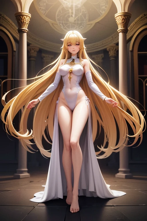 yourself, woman, witch/witch, gold hair (long and straight), laboratory wearing a long white robe ( semitransparent ), sensual and seductive, medium breasts, defined legs, correct anatomy, in a wizard , fantasy scenery , anime style , best quality , masterpiece . high definition
