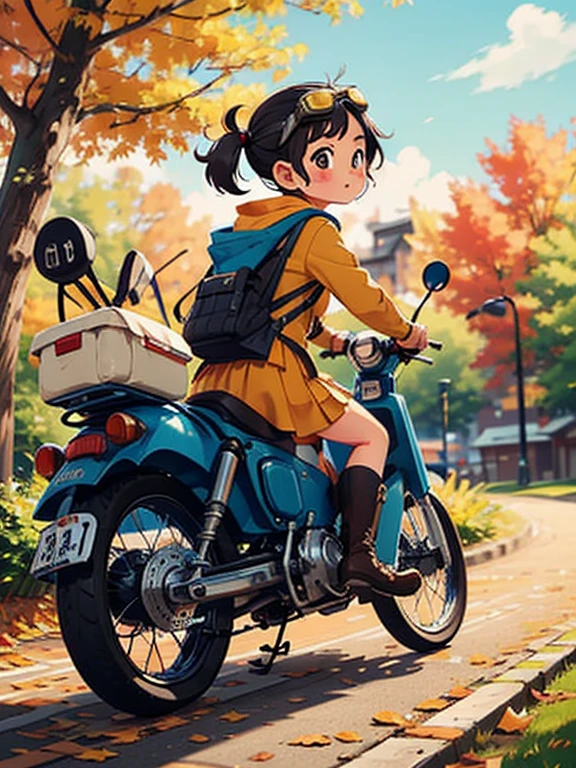 32K，UHD High Definition， octane rendering， steampunk，( Ultra-Fine: 1.2)， young girl，  Ride a Super Cub ，  knight ，cute， short， toddler figure ， thin thighs ，  A small yellow Super Cub with lots of luggage， short dress， down jacket ， semi-long twin tail ， black hair，goggles， black boots，Super Cub Details，autumn，autumnの紅葉， Medium shot from behind ,