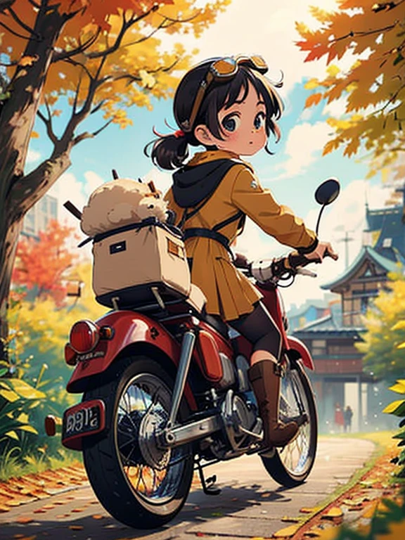 32K，UHD High Definition， octane rendering， steampunk，( Ultra-Fine: 1.2)， young girl，  Ride a Super Cub ，  knight ，cute， short， toddler figure ， thin thighs ，  A small yellow Super Cub with lots of luggage， short dress， down jacket ， semi-long twin tail ， black hair，goggles， black boots，Super Cub Details，autumn，autumnの紅葉， Medium shot from behind ,