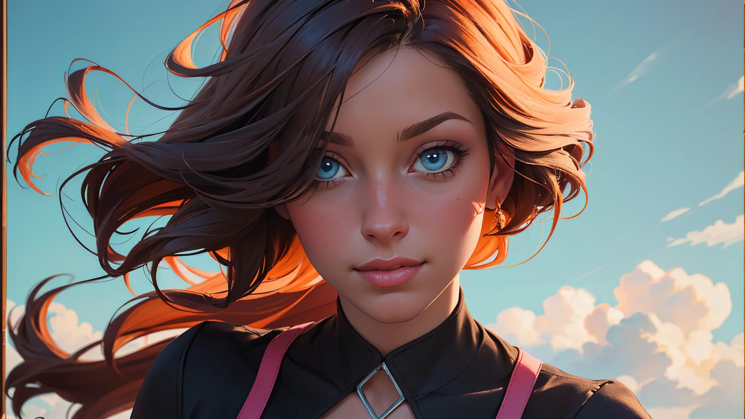 (masterpiece:1.4), (best quality:1.4), depth of field, chromatic aberration, 3d animated cartoon, vibrant, colorful, Watercolor, Ink, A beautiful detailed girl with long red hair, brown eyes, and makeup, wearing a loincloth, in a sunny background (best quality,4k,8k,highres,masterpiece:1.2),ultra-detailed,extremely detailed eyes and face, longeyelashes, vivid colors, studio lighting, professional, detailed background, detailed face, (sunshine theme:1.1), (style-swirlmagic:0.8), floating red particles