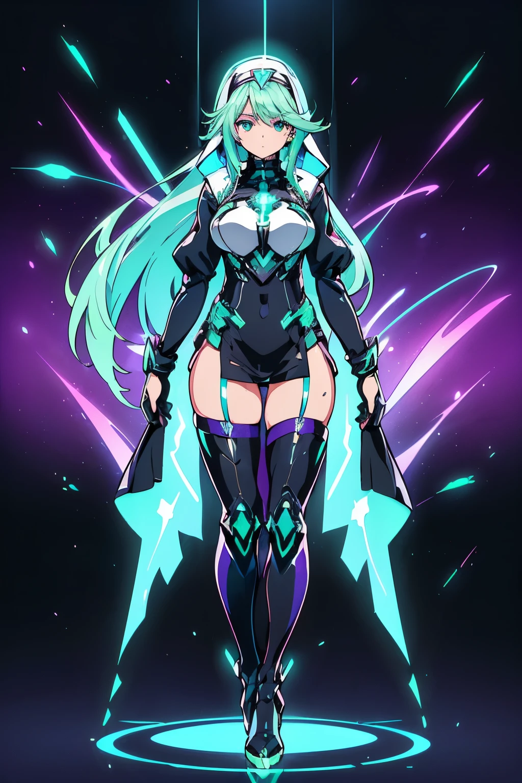 Anime, Girl, (((1girl))), (((Waifu, Xenoblade Chronicles 2, Pneuma Waifu))), (((Seafoam Green Hair, Long Hair))), ((Seafoam Green Eyes eyes:1.3, Upturned Eyes: 1, Perfect Eyes, Beautiful Detailed Eyes, Gradient eyes: 1, Finely Detailed Beautiful Eyes: 1, Symmetrical Eyes: 1, Big Highlight On Eyes: 1.2)), (((Lustrous Skin: 1.5, Bright Skin: 1.5, Skin Fair, Shiny Skin, Very Shiny Skin, Shiny Body, Plastic Glitter Skin, Exaggerated Shiny Skin, Illuminated Skin))), (Detailed Body, (Detailed Face)), (((Stoic expression))), Young, Idol Pose, (Best Quality), ((((Nun Robes))), (((Habit))), ((((Techwear))), (((Thigh-high Heeled Boots))), Holy Cross Motif), High Resolution, Sharp Focus, Ultra Detailed, Extremely Detailed, Extremely High Quality Artwork, (Realistic, Photorealistic: 1.37), 8k_Wallpaper, (Extremely Detailed CG 8k), (Very Fine 8K CG), ((Hyper Super Ultra Detailed Perfect Piece)), (((Flawlessmasterpiece))), Illustration, Vibrant Colors, (Intricate), High Contrast, Selective Lighting, Double Exposure, HDR (High Dynamic Range), Post-processing, Background Blur