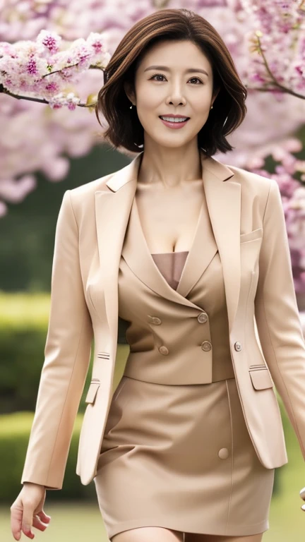 (masterpiece,  top quality), 8k wallpaper,  very detailed,  one woman、housewife、Mother、40 years old、 realistic facial wrinkles:1.3、 slender figure 、 full body photo、、 elegant short hair、Brown Hair、((( wearing a light cherry colored suit、 pencil skirt、 high heels)))、 under a cherry tree 、入学式に来たMotherの写真、smile、((Very wide pelvis))、 viewers who stop at the edge:1.8、Beautiful clavicle、 cleavage、