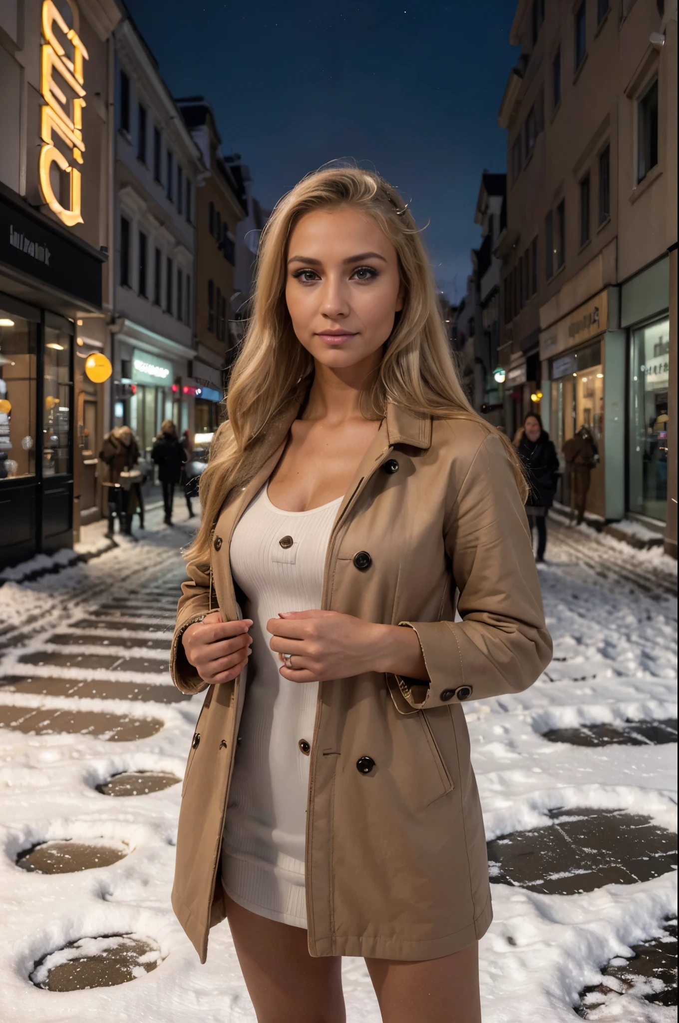 Hyper realistic and detailed photo of one tanned fit blonde hair girl, one girl, standing on Prague centre street, snowy night, perfect eyes, (Eye makeup:1.1), (highly detailed skin:1.1), RAW, analog style, sharp focus, 8k UHD, DSLR, high quality, Fujifilm XT3, grain, award winning, masterpiece, fully clothed, wearing coat, far