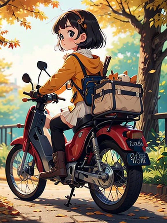 32K，UHD High Definition， octane rendering， steampunk，( Ultra-Fine: 1.2)， young girl，  Ride a Super Cub ，  knight ，cute， short， toddler figure ， thin thighs ，  A small yellow Super Cub with lots of luggage， short dress， down jacket ， white panties， semi-long twin tail ， black hair，goggles， black boots，Super Cub Details，autumn，autumnの紅葉， Medium shot from behind ,