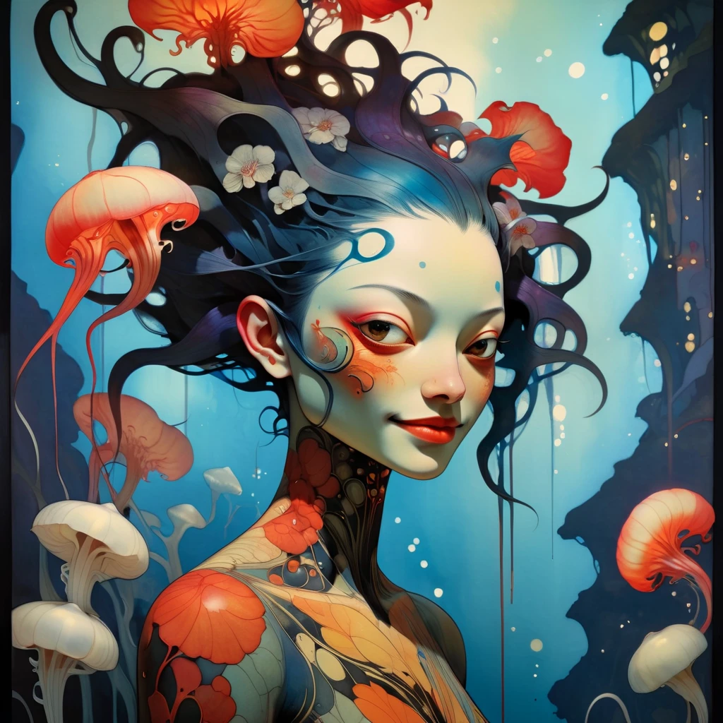 (vibrant cyberpunk-hued colors:1.4), dark and moody, (Victo Ngai inspired head and shoulders shot, ink wash, toon rendering of a beautiful Costa Rican woman smiling, colorful background with orchids and jellyfish) by Anita Bathe, Phil Lashio, Seymour Buttz, Wilma Dickfit, epic clouds, Unreal Engine, octane rendering, high quality, high resolution, high precision, realistic, color correction, good lighting settings, low noise, sharp edges, harmonious composition, award-winning work, surrealism, dark art by james jean and takato yamamoto