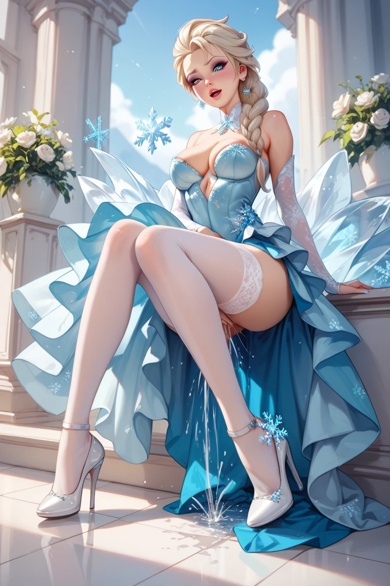 score_9, score_8_up, score_7_up, score_6_up, score_9, score_8_up, score_8, backyard of a fairytale castle, elsa, (thick thighs:1.2), beautiful ass, beautiful tits, medium nude breasts, breasts exposed, teardrop breasts, (female nipples, (puffy nipples:1.25) female:1.0), (lace fishnet black stockings:1.1), high heels, (pussy juice:1.3), open vagina, looking at viewer, (sexy staying pose:1.4), open ass, (gape anus:0.8), masturbating