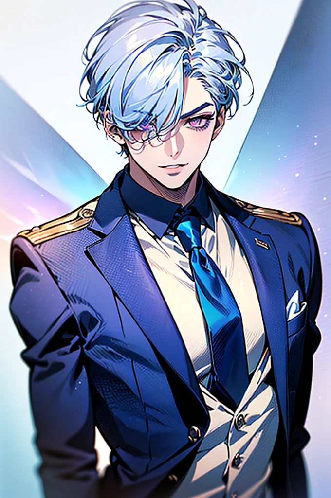 ((Top Quality, best quality, Masterpiece)), ((Ultra Detailed Face, Detailed Lips, Detailed Eyes)), ((1man, solo)), ((A handsome 18 years old boy)), ((Icy blue White Hair, short and messy bangs)), ((Plum Purple Eyes)), ((Exquisite face, Exquisite eyes, very handsome, sexy face)), ((pretty lips, plump lips, cupid bow lips)), ((Icy blue White eyebrows, beautiful under eyelashes)), Indifferent smile, light peach colored skin, ((muscular, broad shoulder, Big Chest Muscles, inverted triangle body)), ((wearing: navy colored suit jackets, white shirts, cyan colored tie)), ((backgound: magical academy)), perfect color, perfect lighting, perfect shadow, perfect face, anatomically correct