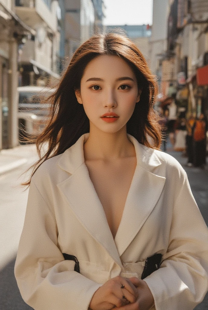 1girl,solo,jewelry,earrings,Black Hair,formal,Suit,Red lips,Lipstick,shorts,红色shirt,jacket,Long hait,Big breasts,(Large size chest:1.6),make up,shadow,Looking at the audience,Hands in pockets,belt,shirt,