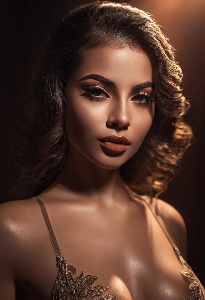 a sensual woman, alluring woman, sheer revealing outfit, provocative pose, prominent curves, detailed facial features, beautiful detailed eyes, beautiful detailed lips, extremely detailed face and eyes, long eyelashes, photorealistic, high quality, masterpiece, hyper detailed, 8k, cinematic lighting, dramatic lighting, chiaroscuro, dramatic shadows, dramatic highlights, warm color palette, glowing skin, flowing hair, cinematic composition, portrait