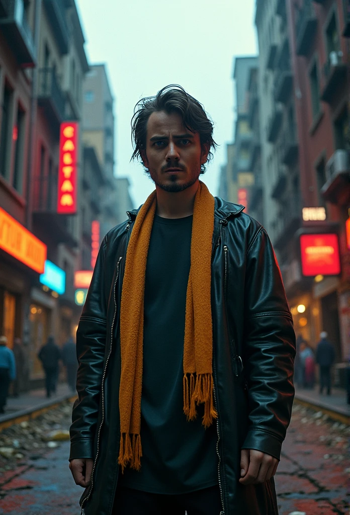 A stylized and gritty cityscape, 1 male protagonist in the foreground, detailed facial features, intense expression, dramatic lighting, vibrant colors, cinematic composition, digital painting, concept art, hyper-realistic, (best quality,8k,HDR,photorealistic:1.4),ultra-detailed, cinematic lighting, moody atmosphere, dynamic pose, graffiti-inspired background elements, neon signs, urban decay, strong shadows, impactful mood, bold color palette