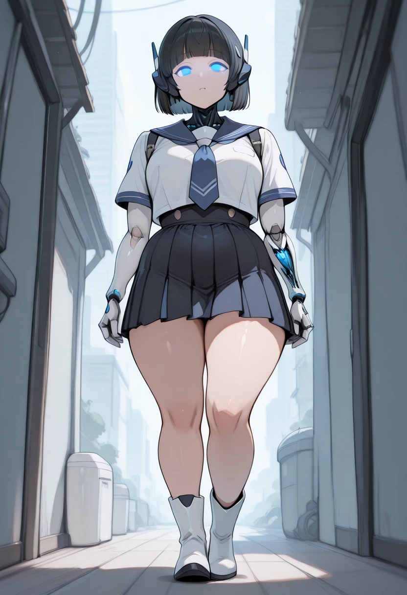 masterpiece, best quality, extremely detailed,Japaese android girl,Plump,control panels,android,Droid,Mechanical Hand, Robot arms and legs,Blunt bangs,hypno wave, glowing eyes,showing her shoes sole,white long boots,skirt,thick cable connected her neck,broken body