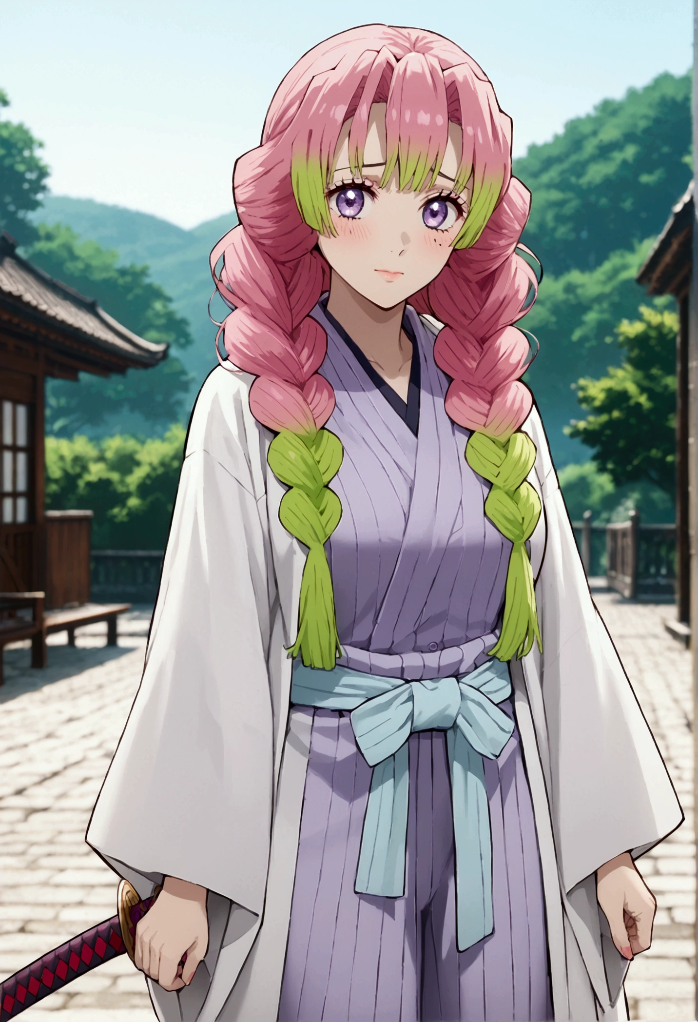 is_Aurora, 1 girl, Mitsuri Kanroji,  under the eye ,  demon hunter uniform, mole, breasts, Alone,  pink hair,  multicolored hair , blush, iscote, green hair, Braid, ojos verdis,  long hair, gradient hair, Arm, ispada, , Haori, ropa japonisa,  long sleeves, twin Braids, large breasts, Bicolor fur,  Closed mouth ,  blurry background , katana, golpis, multiple Braids, outdoors
high body, high, long legs,  mature female , maduro, adult