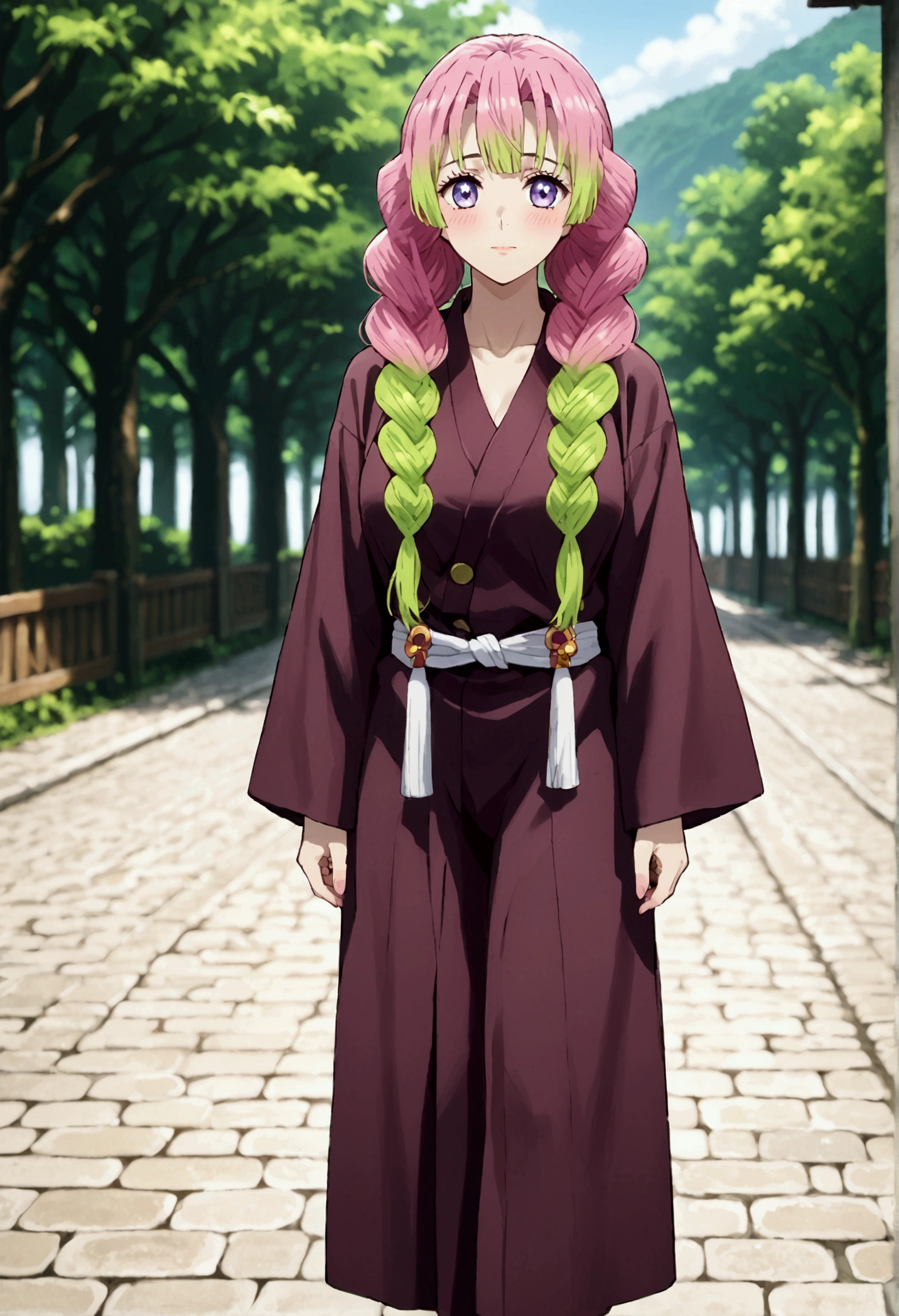 is_Aurora, 1 girl, Mitsuri Kanroji,  under the eye ,  demon hunter uniform, mole, breasts, Alone,  pink hair,  multicolored hair , blush, iscote, green hair, Braid, ojos verdis,  long hair, gradient hair, Arm, ispada, , Haori, ropa japonisa,  long sleeves, twin Braids, large breasts, Bicolor fur,  Closed mouth ,  blurry background , katana, golpis, multiple Braids, outdoors
high body, high, long legs,  mature female , maduro, adult