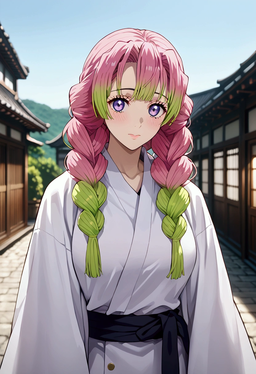 is_Aurora, 1 girl, Mitsuri Kanroji,  under the eye ,  demon hunter uniform, mole, breasts, Alone,  pink hair,  multicolored hair , blush, iscote, green hair, Braid, ojos verdis,  long hair, gradient hair, Arm, ispada, , Haori, ropa japonisa,  long sleeves, twin Braids, large breasts, Bicolor fur,  Closed mouth ,  blurry background , katana, golpis, multiple Braids, outdoors
high body, high, long legs,  mature female , maduro, adult