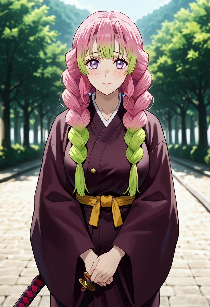 is_Aurora, 1 girl, Mitsuri Kanroji,  under the eye ,  demon hunter uniform, mole, breasts, Alone,  pink hair,  multicolored hair , blush, iscote, green hair, Braid, ojos verdis,  long hair, gradient hair, Arm, ispada, , Haori, ropa japonisa,  long sleeves, twin Braids, large breasts, Bicolor fur,  Closed mouth ,  blurry background , katana, golpis, multiple Braids, outdoors
high body, high, long legs,  mature female , maduro, adult