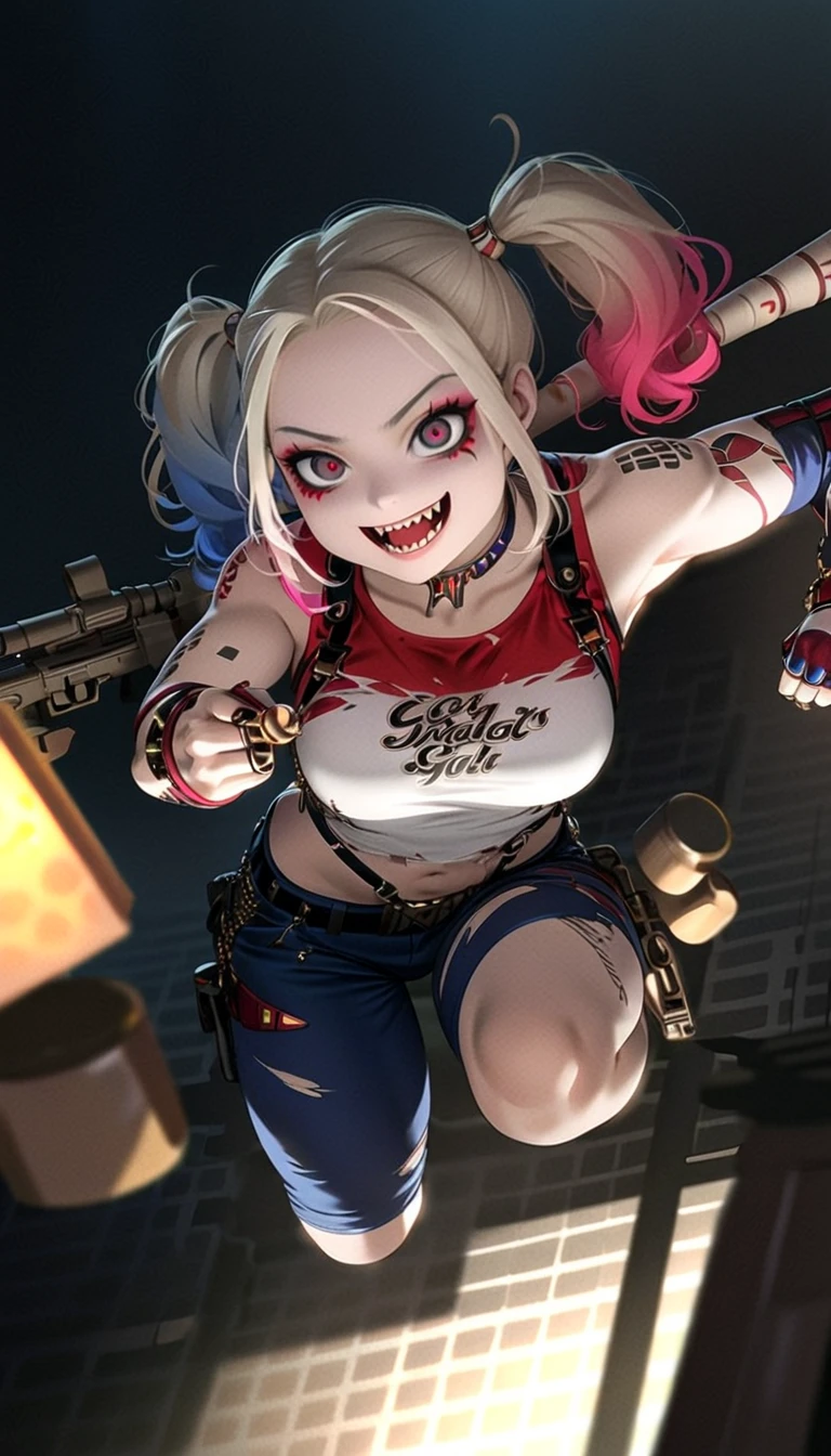 HarleyQuinn1024,quality\(8k,wallpaper of extremely detailed CG unit, ​masterpiece,hight resolution,top-quality,top-quality real texture skin,hyper realisitic,increase the resolution,RAW photos,best qualtiy,highly detailed,the wallpaper,cinematic lighting,ray trace,golden ratio\), BREAK ,1girl\(HarleyQuinn\(Suicide Squad\),(swinging sniperrifle\(M16 Rifle series\)),(big smile:1.4),open mouth,sharp teeth, (long tongue:0.5), happy,evil smile, detailed eyes, two_tone hair,(wearing makeup:1.4),twin tails,breast,ripped clothes,open stomach,muscle,cute,crazy,mad,looking down at viewer\), BREAK ,background\(big explosion on back,simple,collapsed city, debris\),dynamic angle,high contrast,dynamic pose,dynamic action, full body